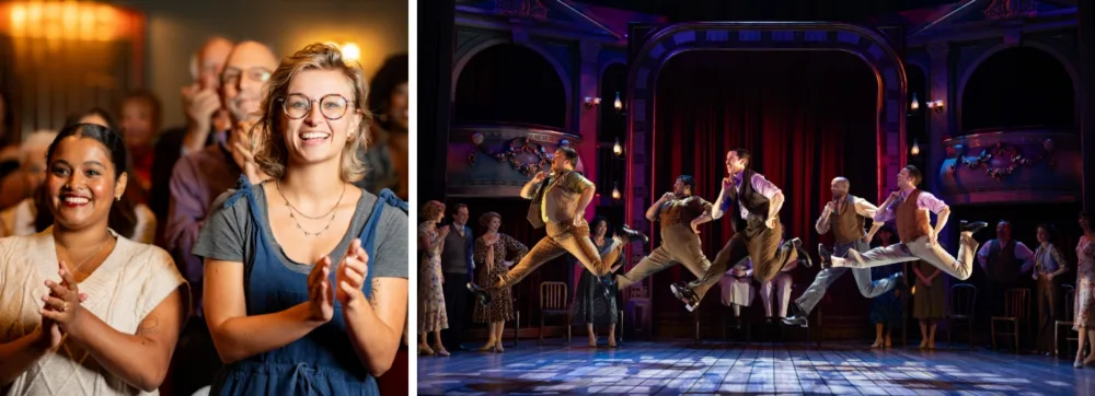 split image of stage performance and audience clapping