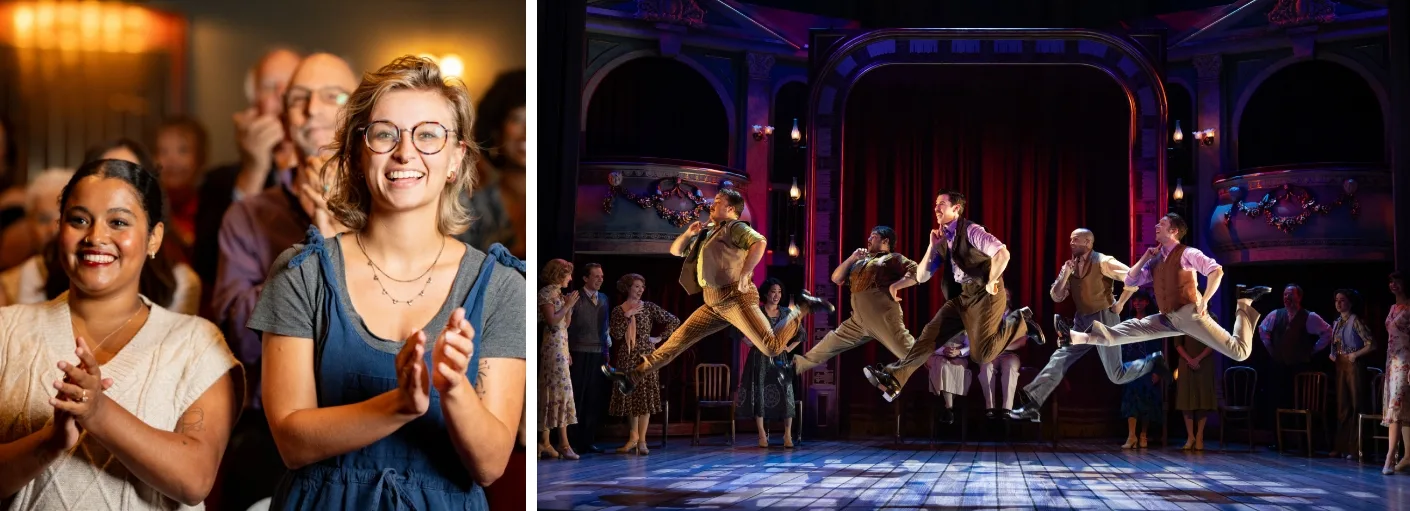 split image of stage performance and audience clapping