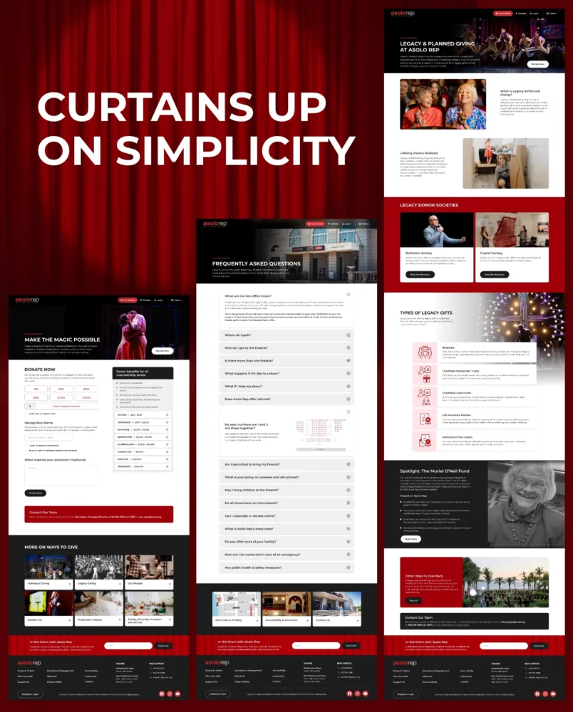 3 Webpage designs next to eachother by words "Curtains up on Simplicity"