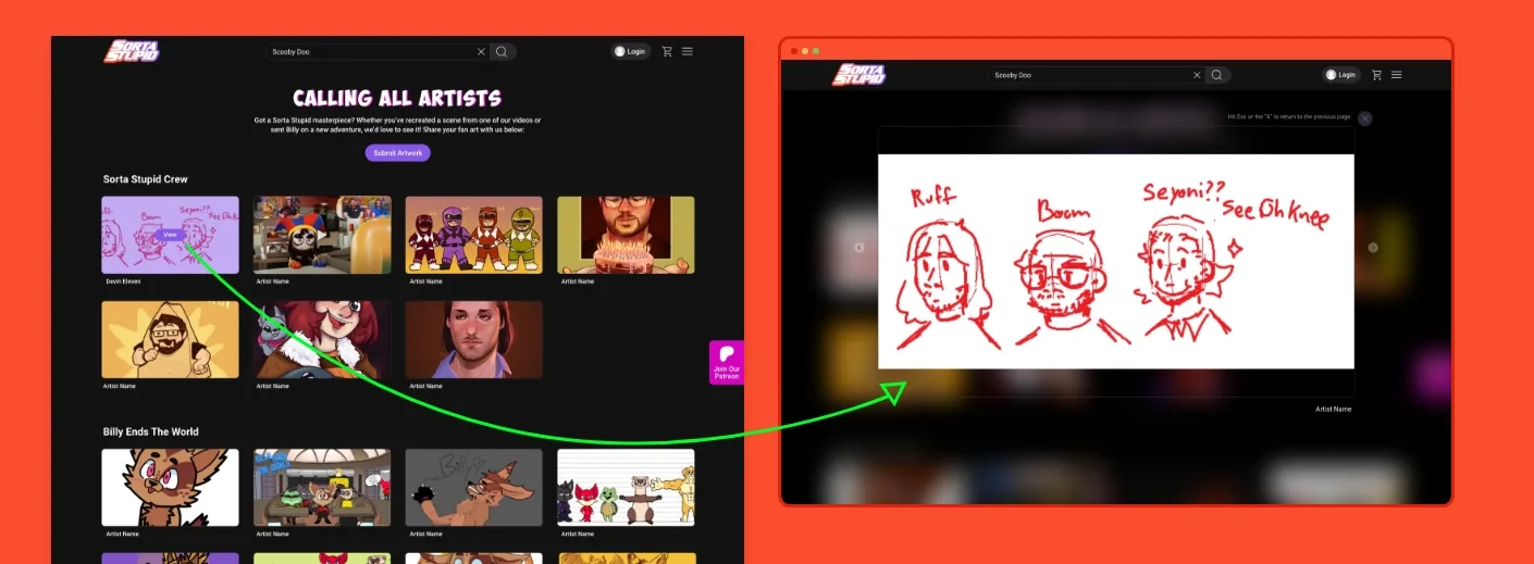 Fan Art page screenshot next to enlarged image of fan art.