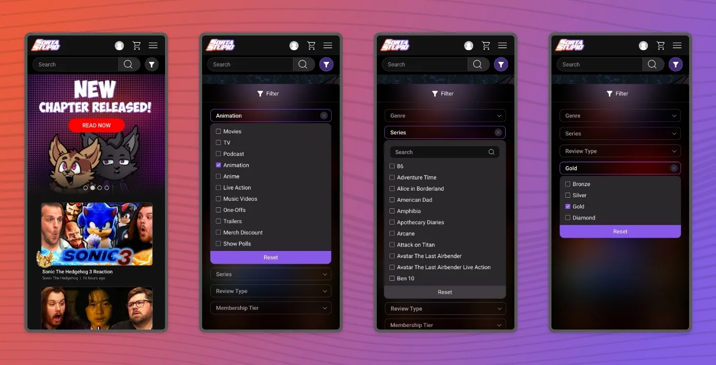 4 mobile screens showing the filter system of how to find a video using the site.