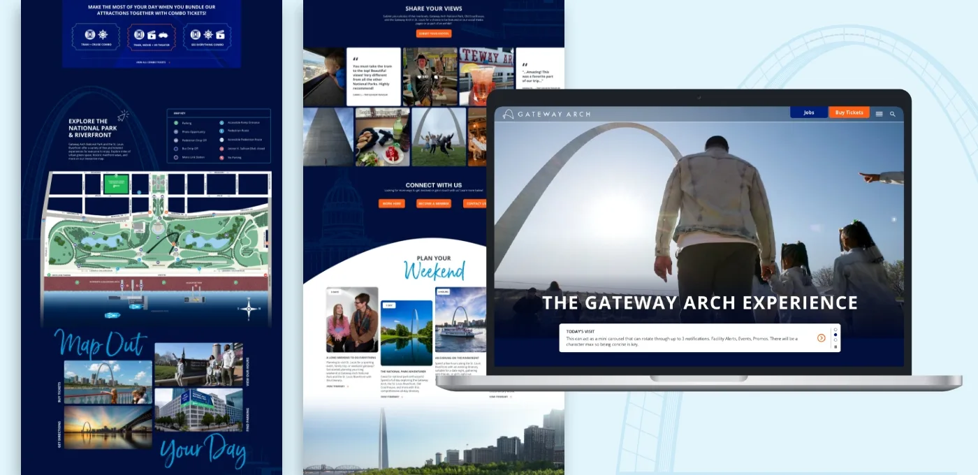 Two screenshots of full pages of the Gateway Arch website. There is also a hand drawing of the gateway arch in the background with a screenshot of the home page on a laptop.