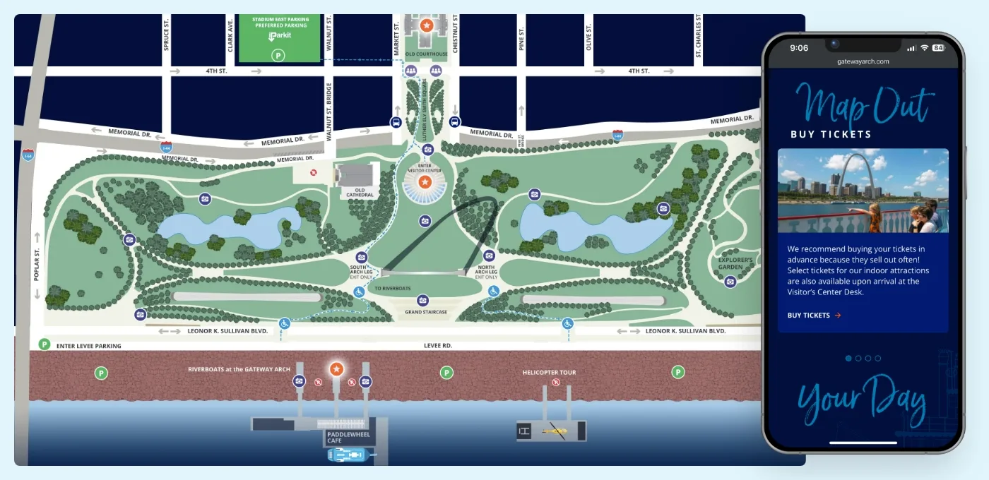 A screenshot of the Gateway Arch website's new animated map. To the right of the image, there is a screenshot of the mobile view of the area to buy tickets.