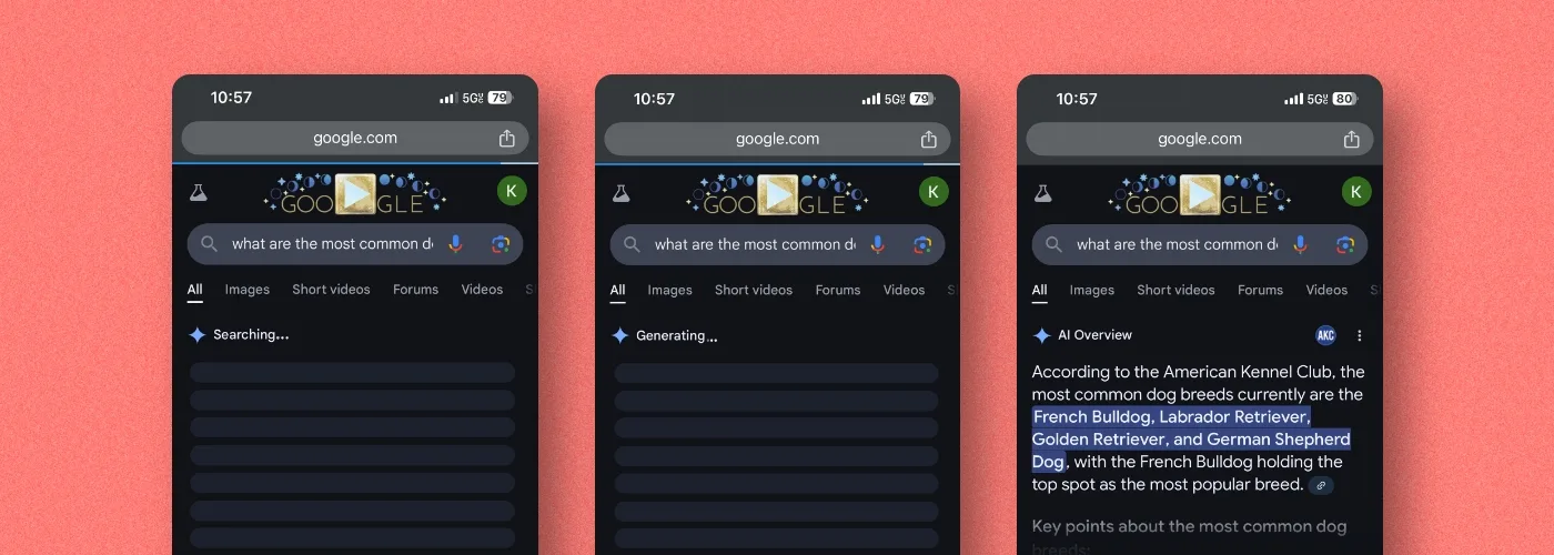 Three smartphone screens with Google's AI Overview feature displayed