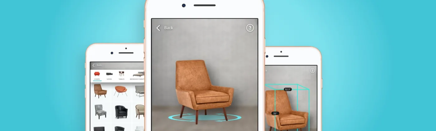 Phone screens showing augmented reality furniture. 