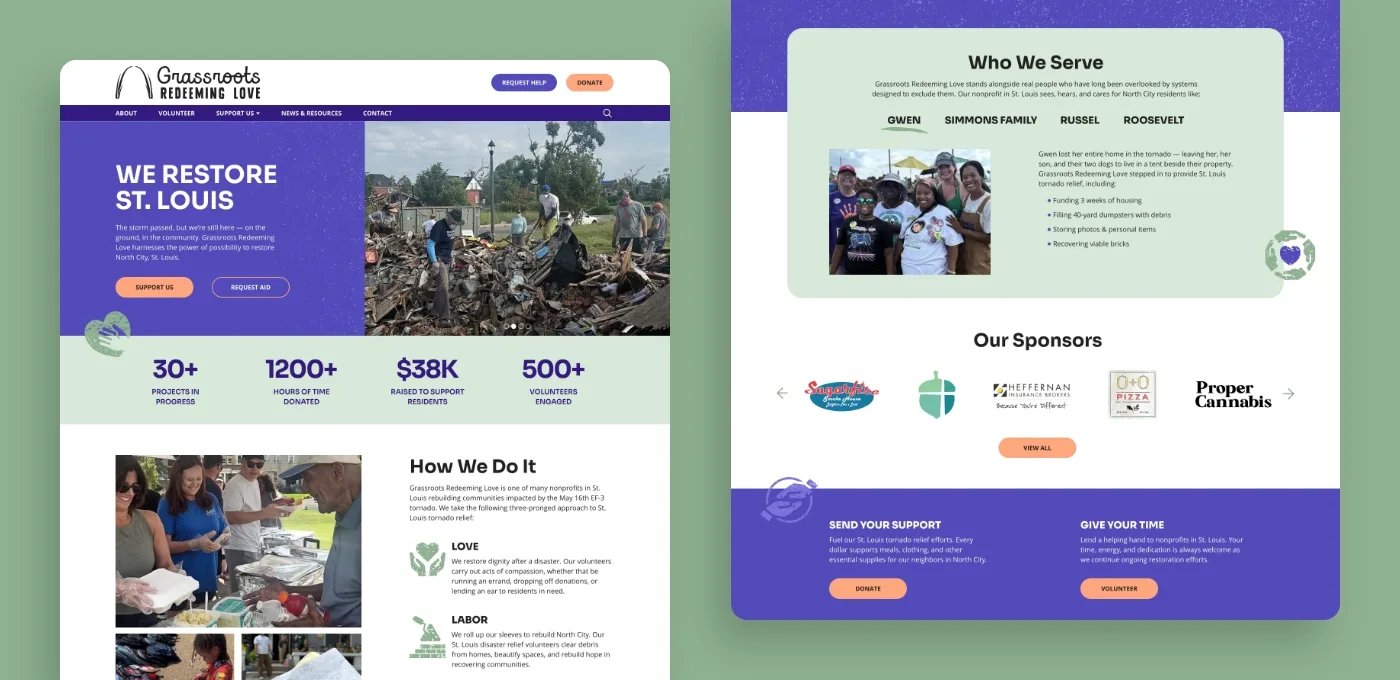 Two screens from Grassroots Redeeming Love's homepage.