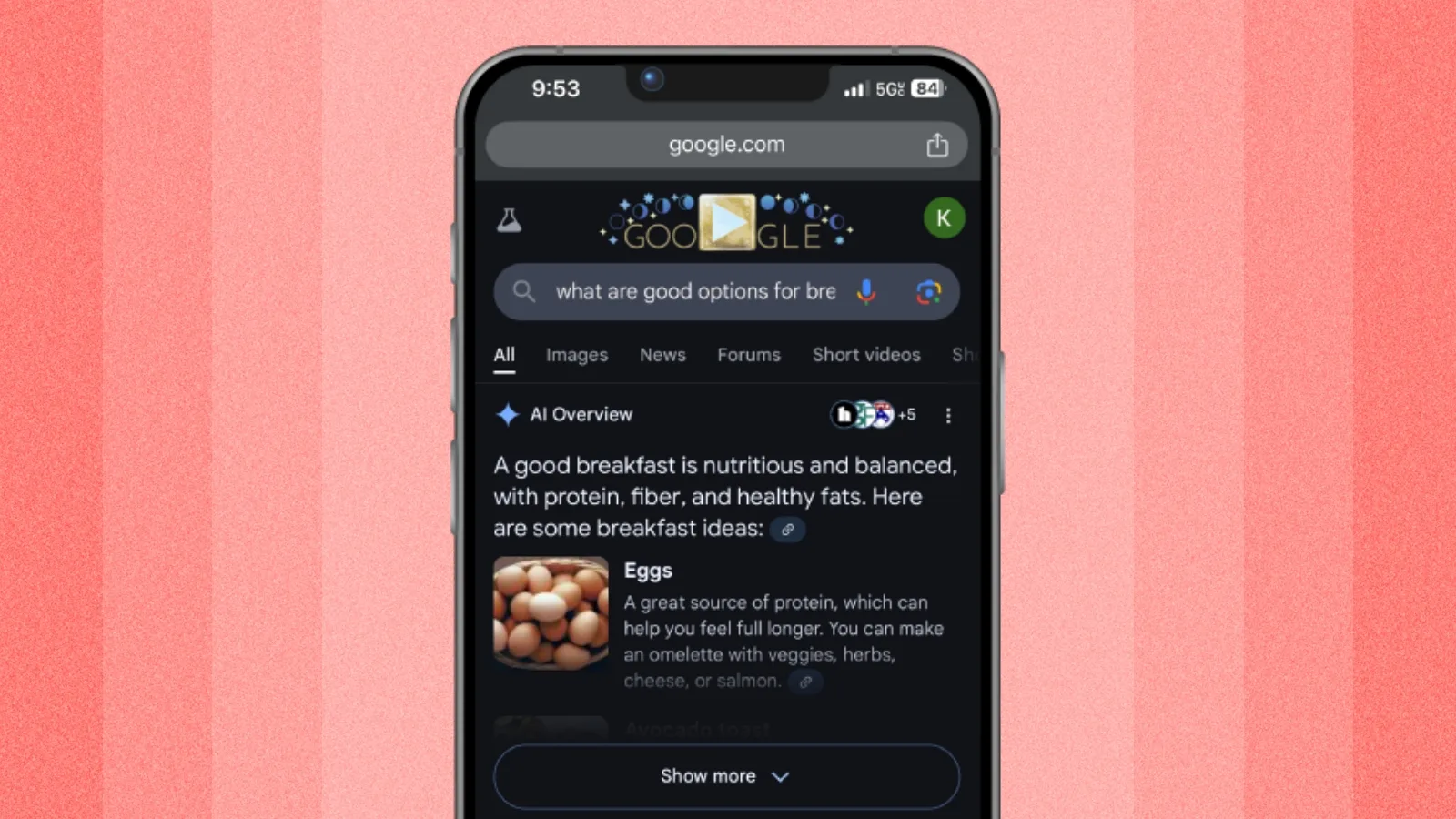 A smartphone with Google's AI Overview feature displayed