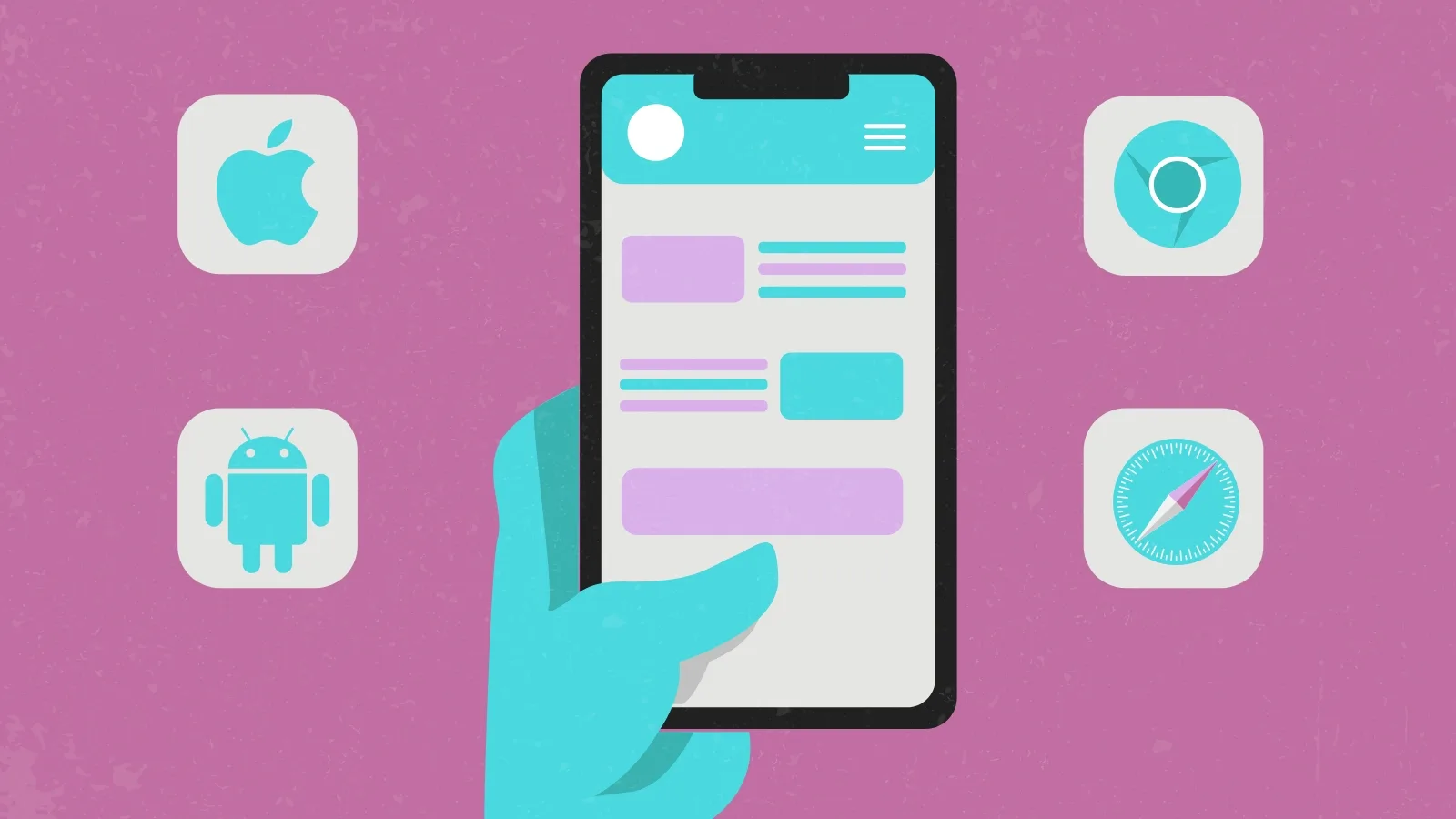 hand holding smart phone with apple, droid, chrome and safari icons battling