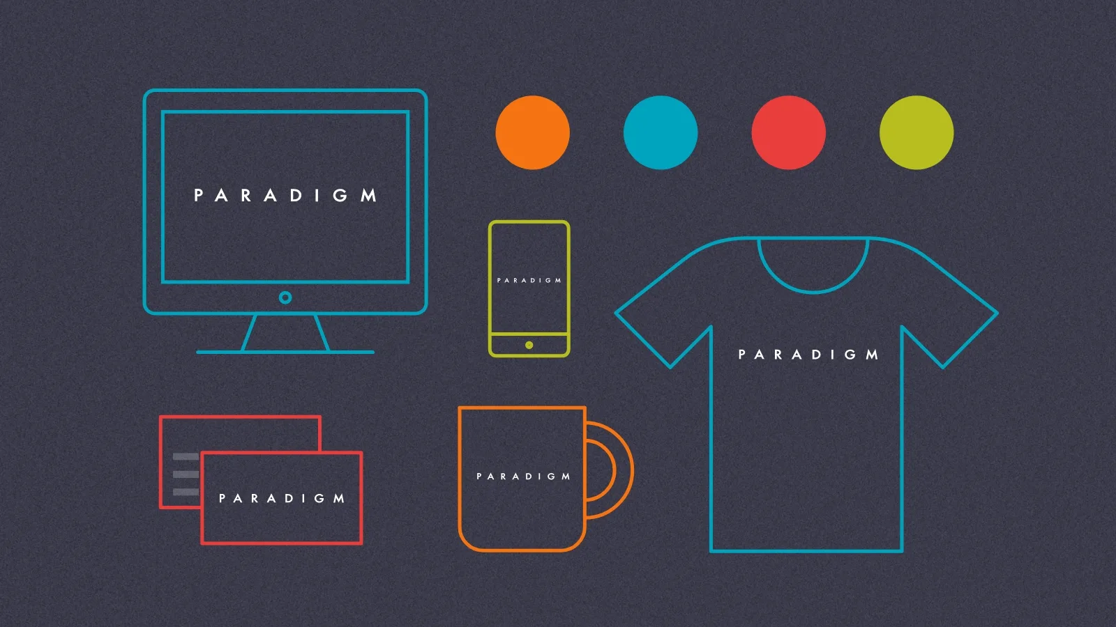 A visual representation of Paradigm's brand identity on screens, clothing, and promotional materials.