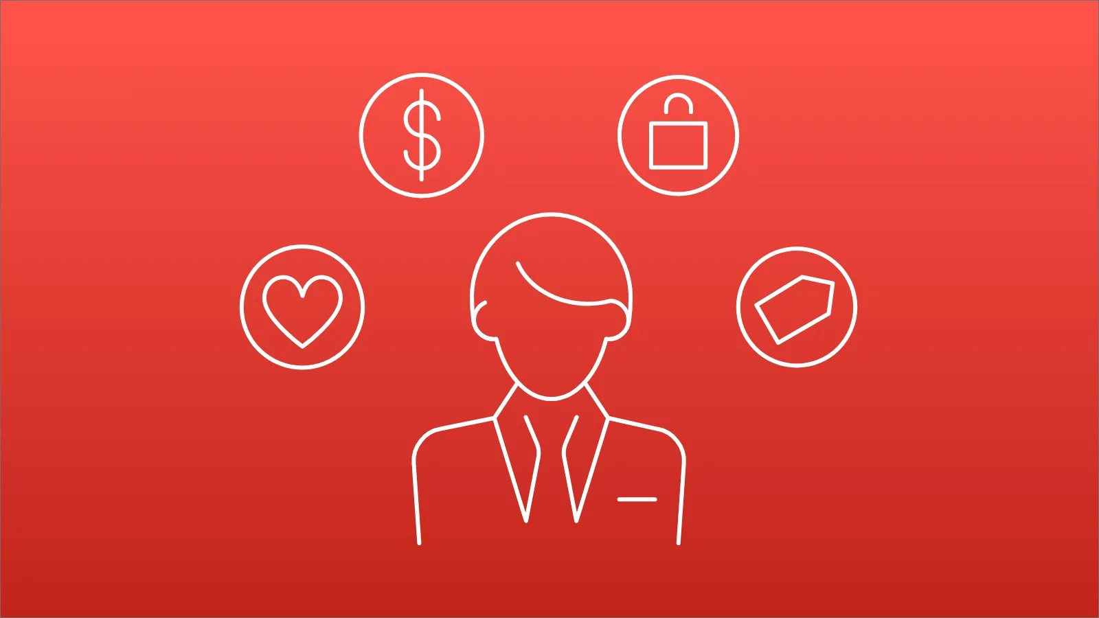 Silhouette of a businessman four icons of a heart, dollar sign, briefcase and price tag surrounding him.
