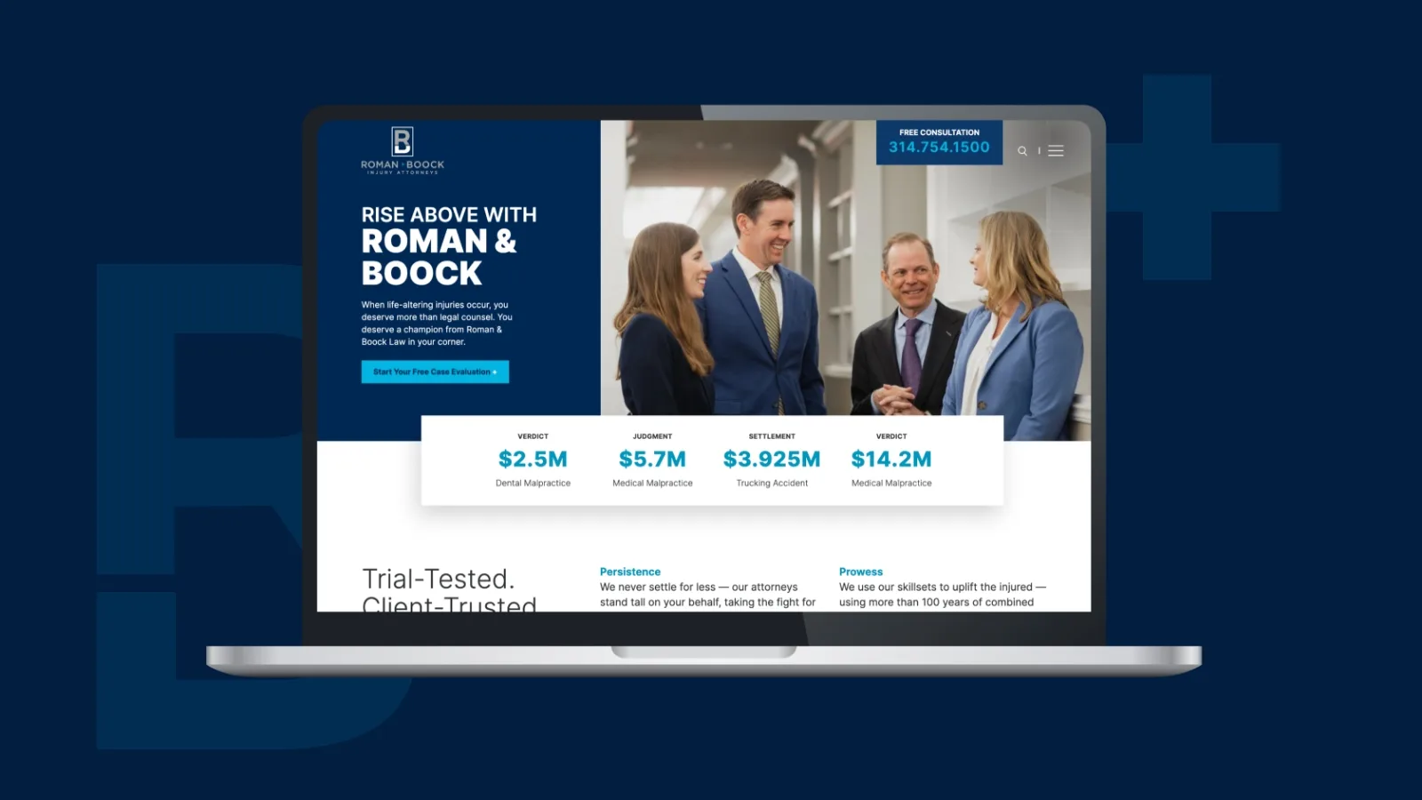 The homepage of Roman & Boock's website created with custom law firm website design services.