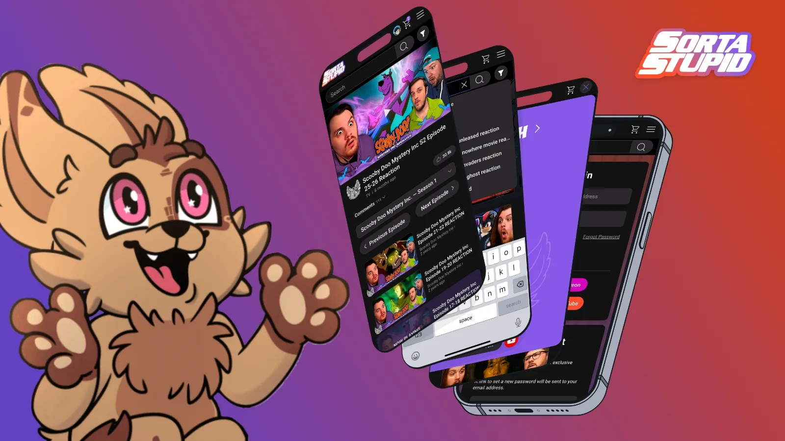 Billy character smiling at a mobile phone mockup of the new website.