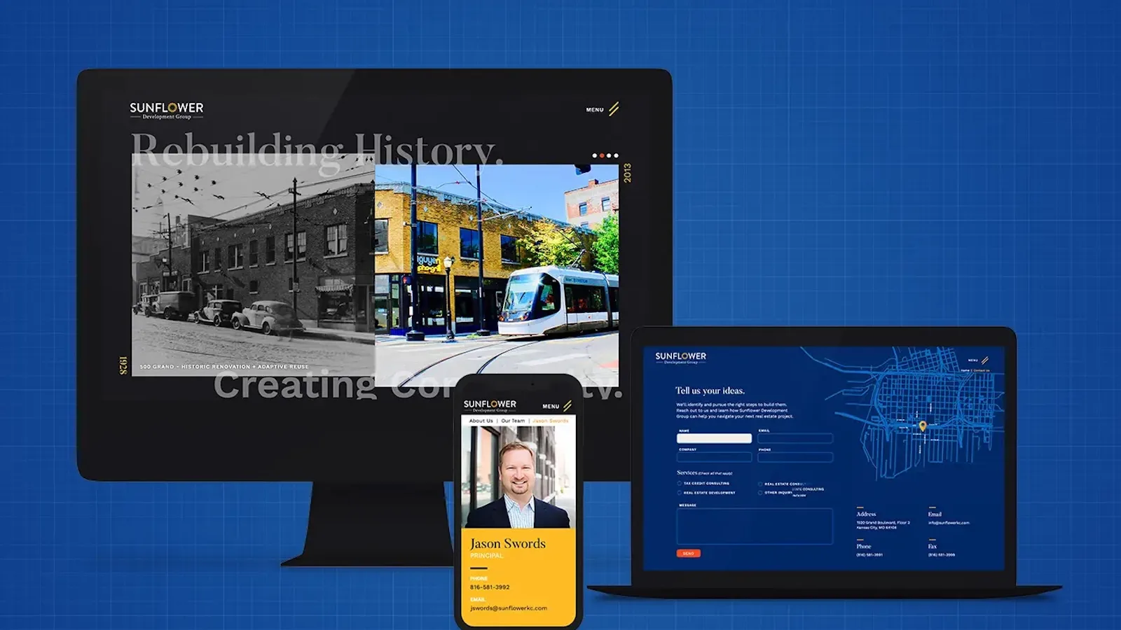Sunflower Development Group website displayed across desktop, tablet, and mobile devices