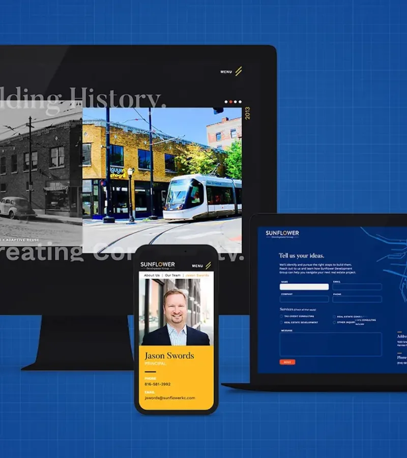 Sunflower Development Group website displayed across desktop, tablet, and mobile devices