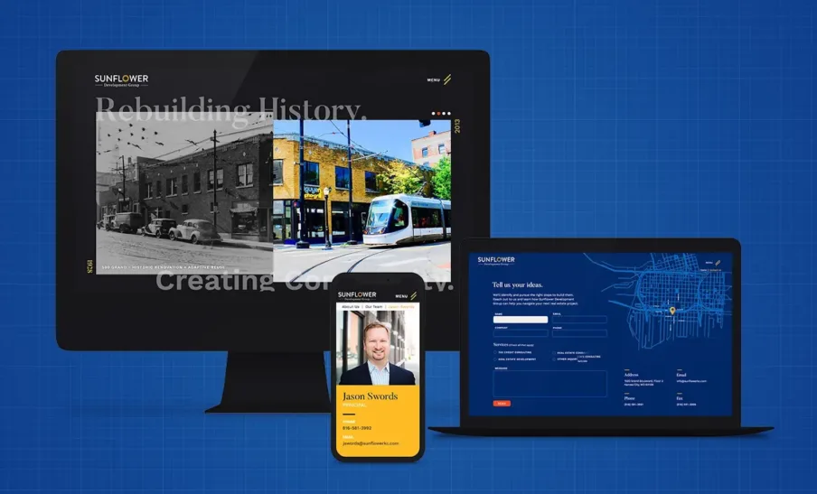 Sunflower Development Group website displayed across desktop, tablet, and mobile devices
