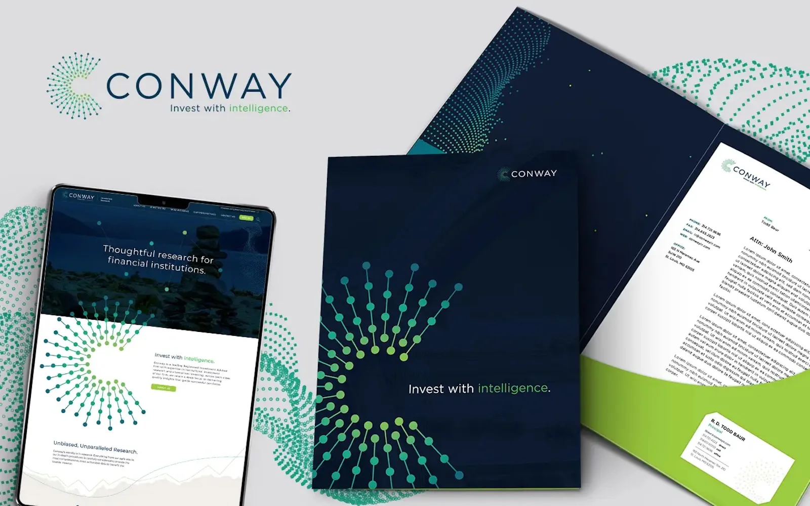 Tablet view of Conway's website along with printed business collateral