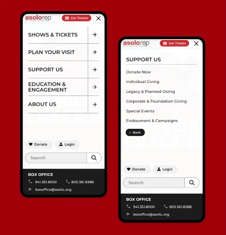 Mobile navigation menu for Asolo Repertory Theatre website