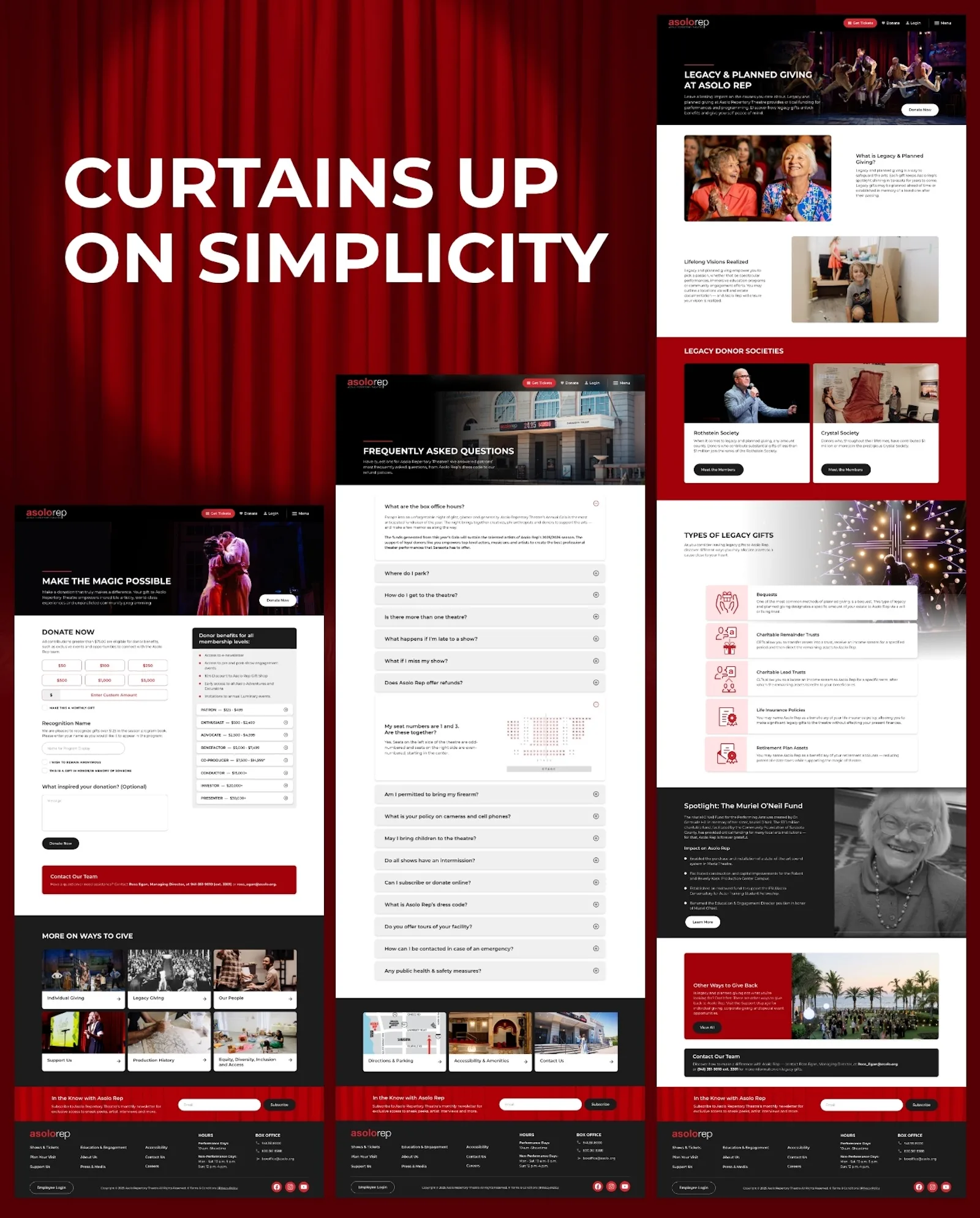 Website redesign screens for Asolo Repertory Theatre donation and legacy giving pages