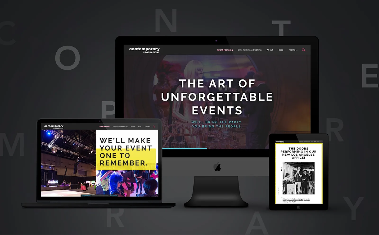 Contemporary Productions desktop monitor, laptop, and tablet with events