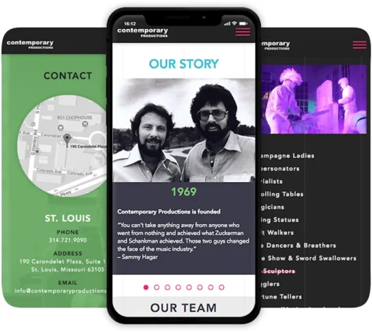 Contemporary Productions mobile screen of contact, our story, and concert schedules