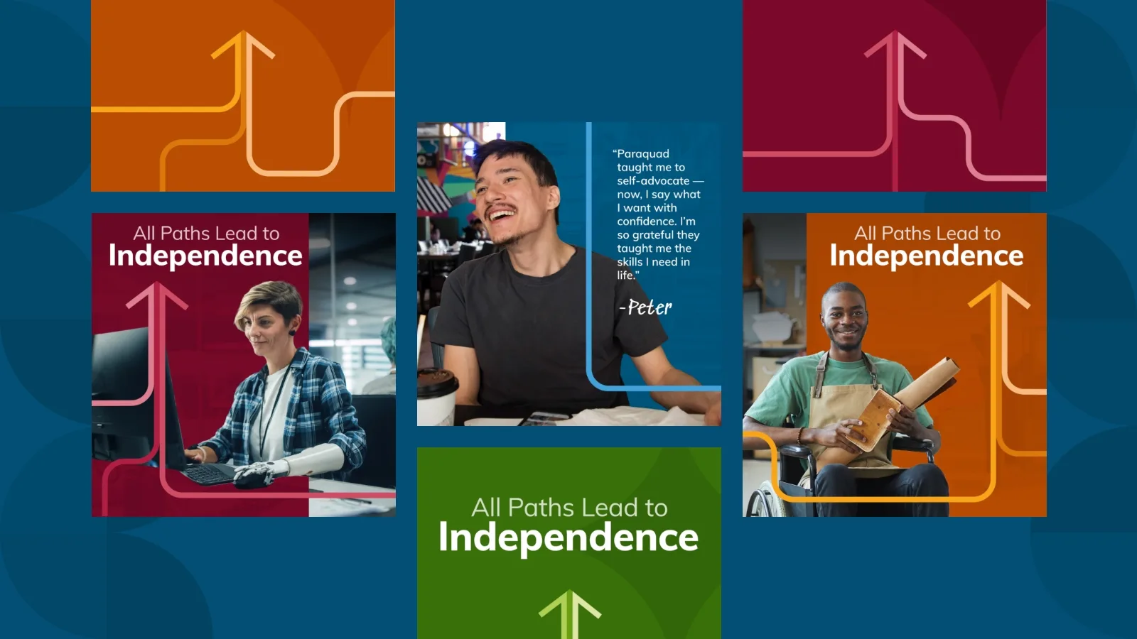 Paraquad campaign visuals highlighting individuals and the message “All Paths Lead to Independence”
