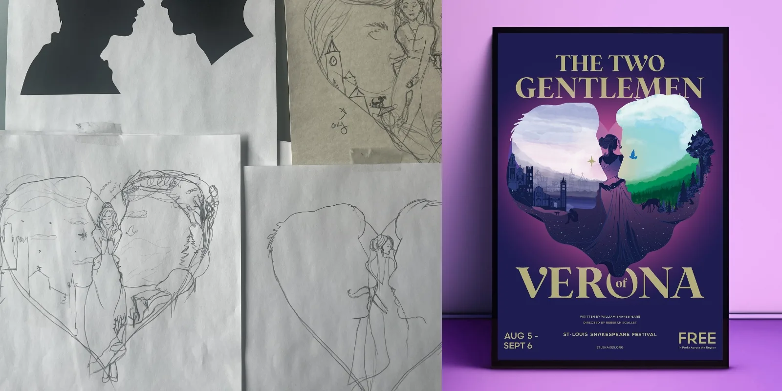 2 gentlemen of verona sketch to finished poster from left to right.