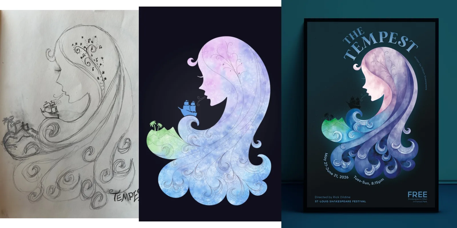 Tempest sketch to finished poster from left to right.