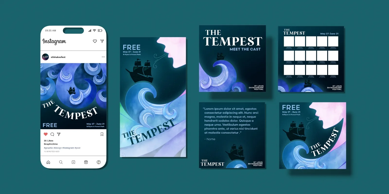 Different social media posts in the tempest illustrative style.