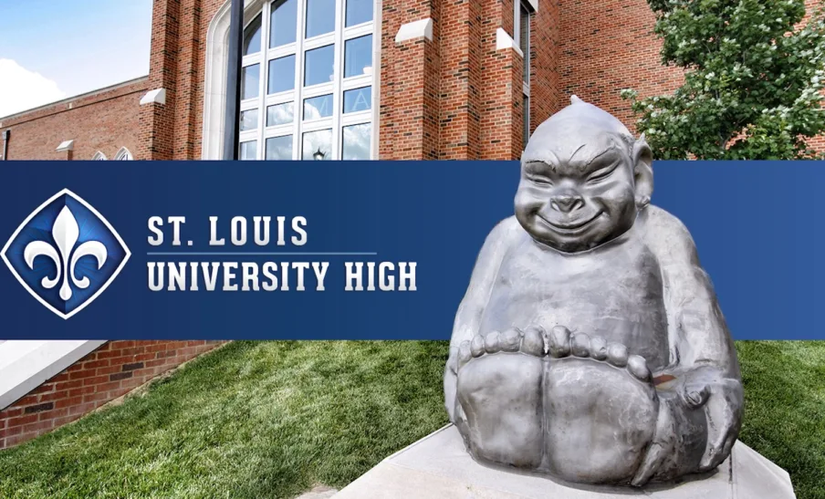 SLUH exterior building with Billiken statue