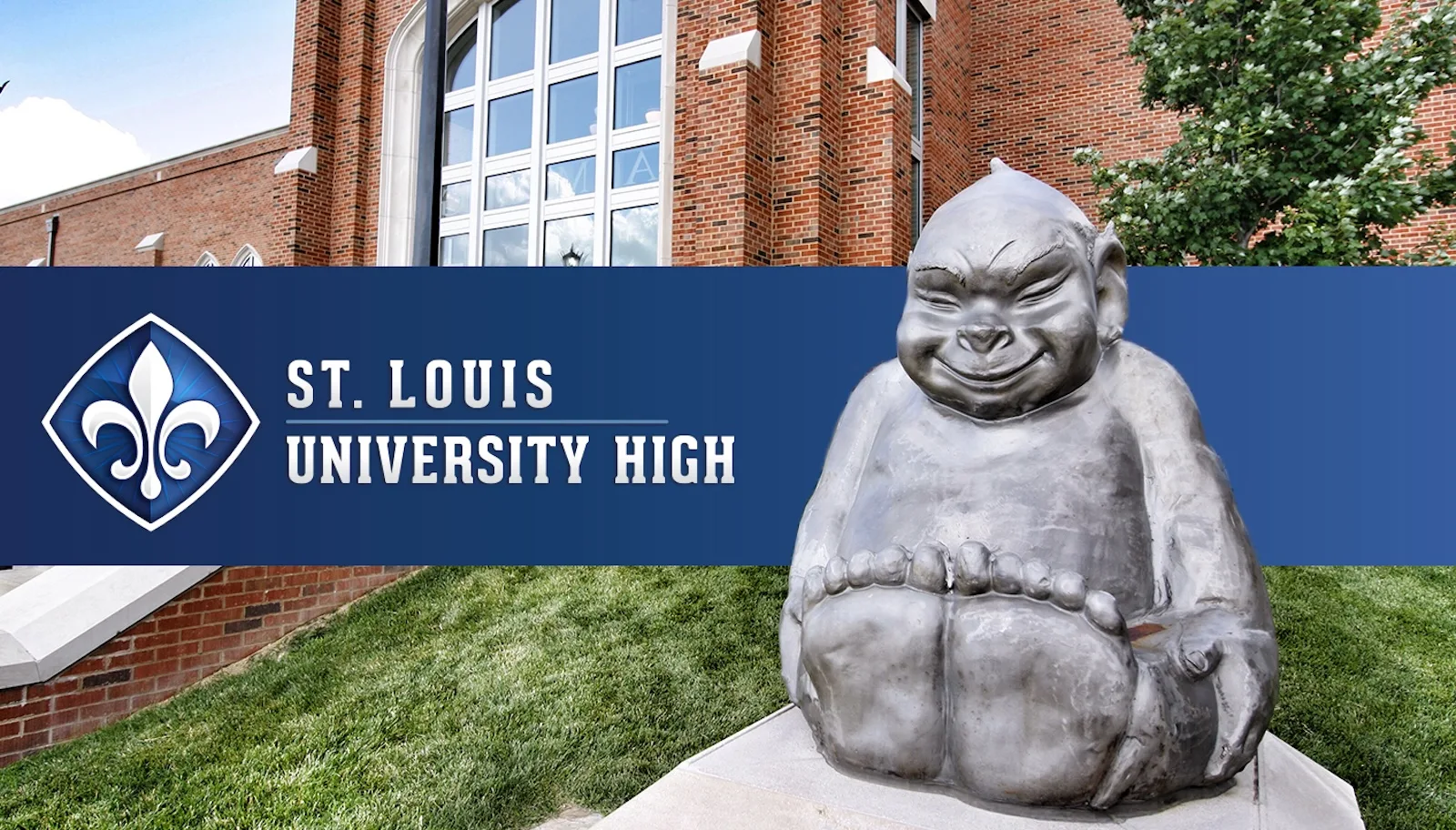 SLUH exterior building with Billiken statue