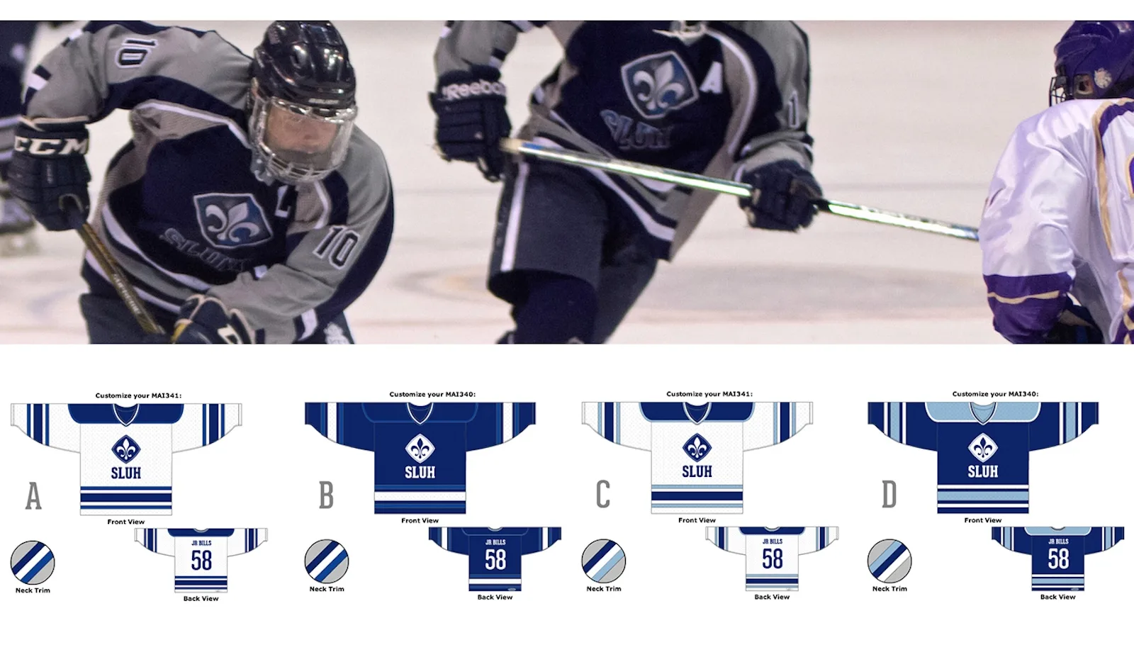 SLUH hockey players on the ice and different team uniforms