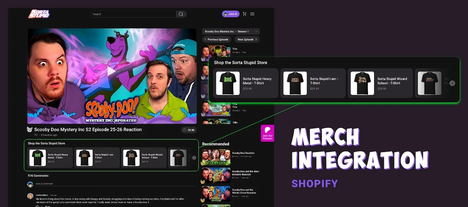 Sorts Stupid's Merchandise integration displayed within a video content platform