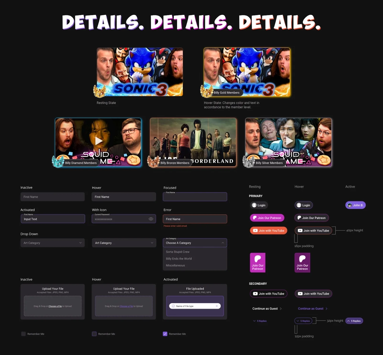 Sorta Stupid's UI design system showing component states, styles, and interactions