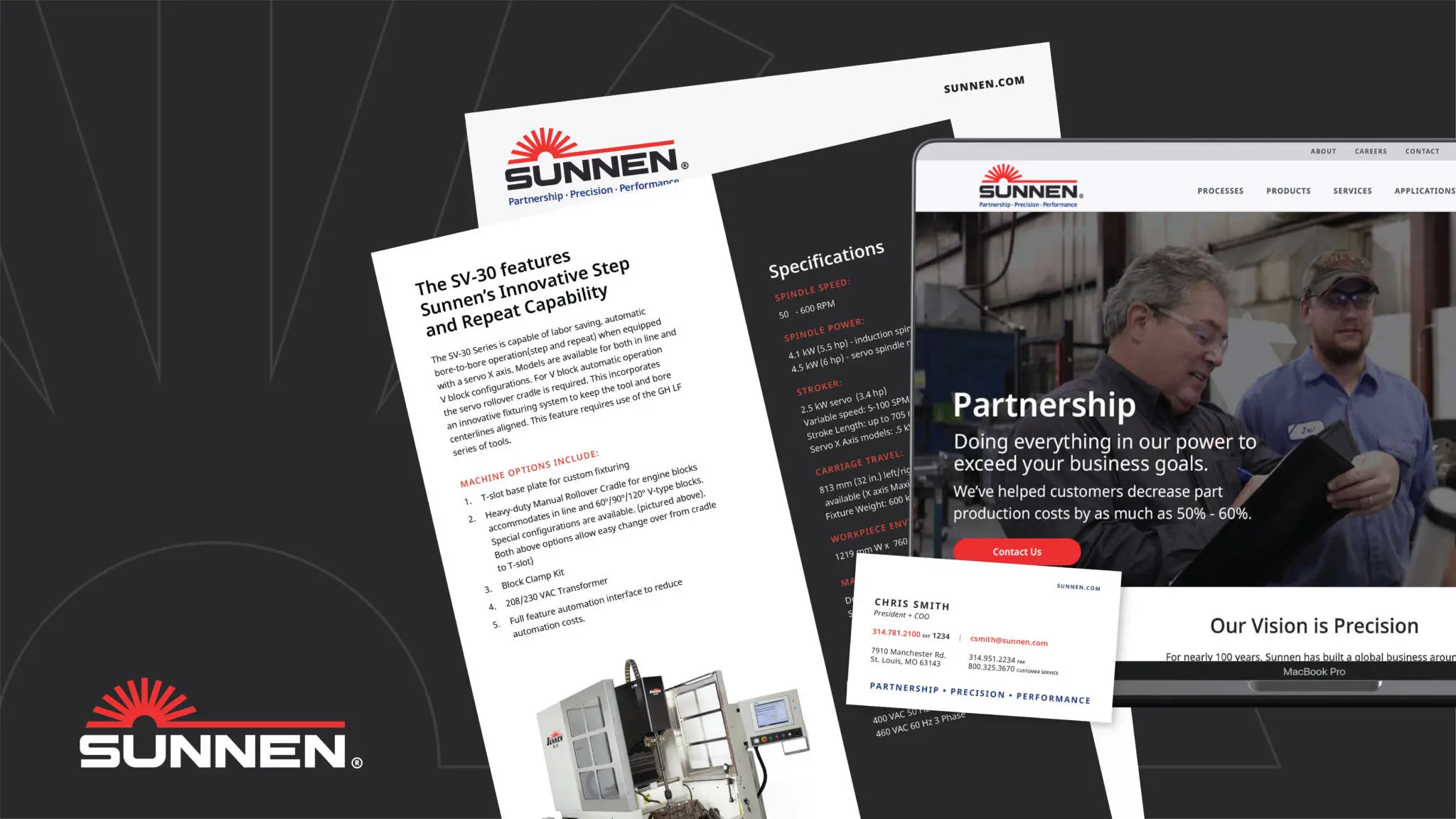 Sunnen brand identity applied across print and digital materials