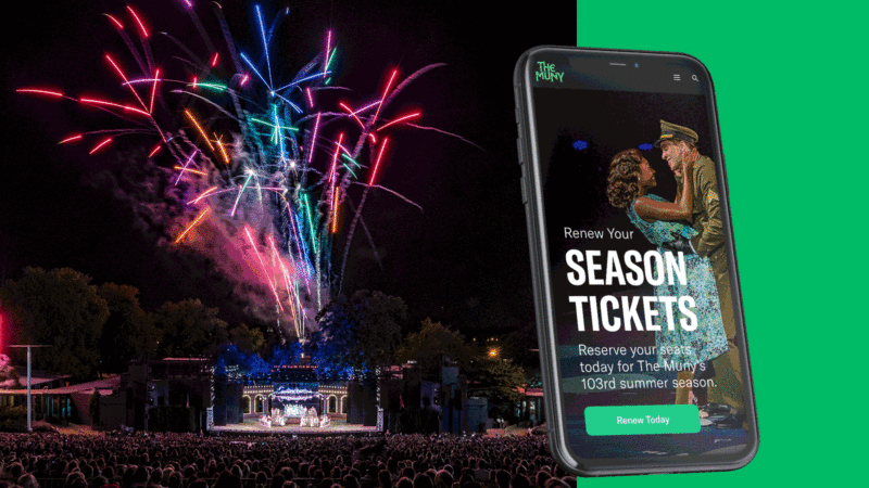 The Muny audience with fireworks and a mobile view of renewing your season tickets