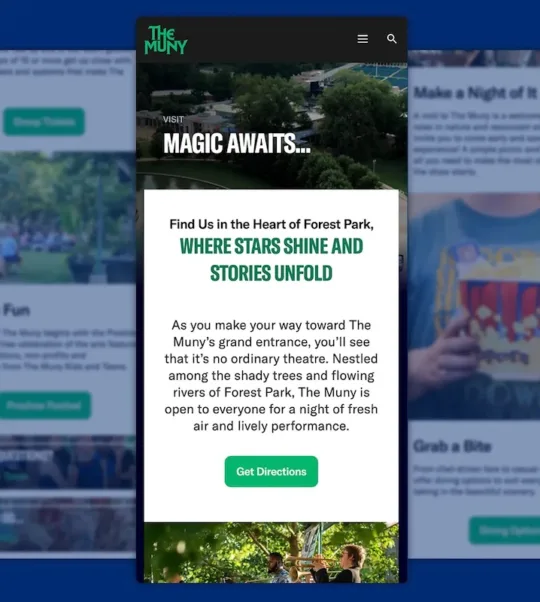 The Muny location page highlighting its Forest Park setting and visitor directions