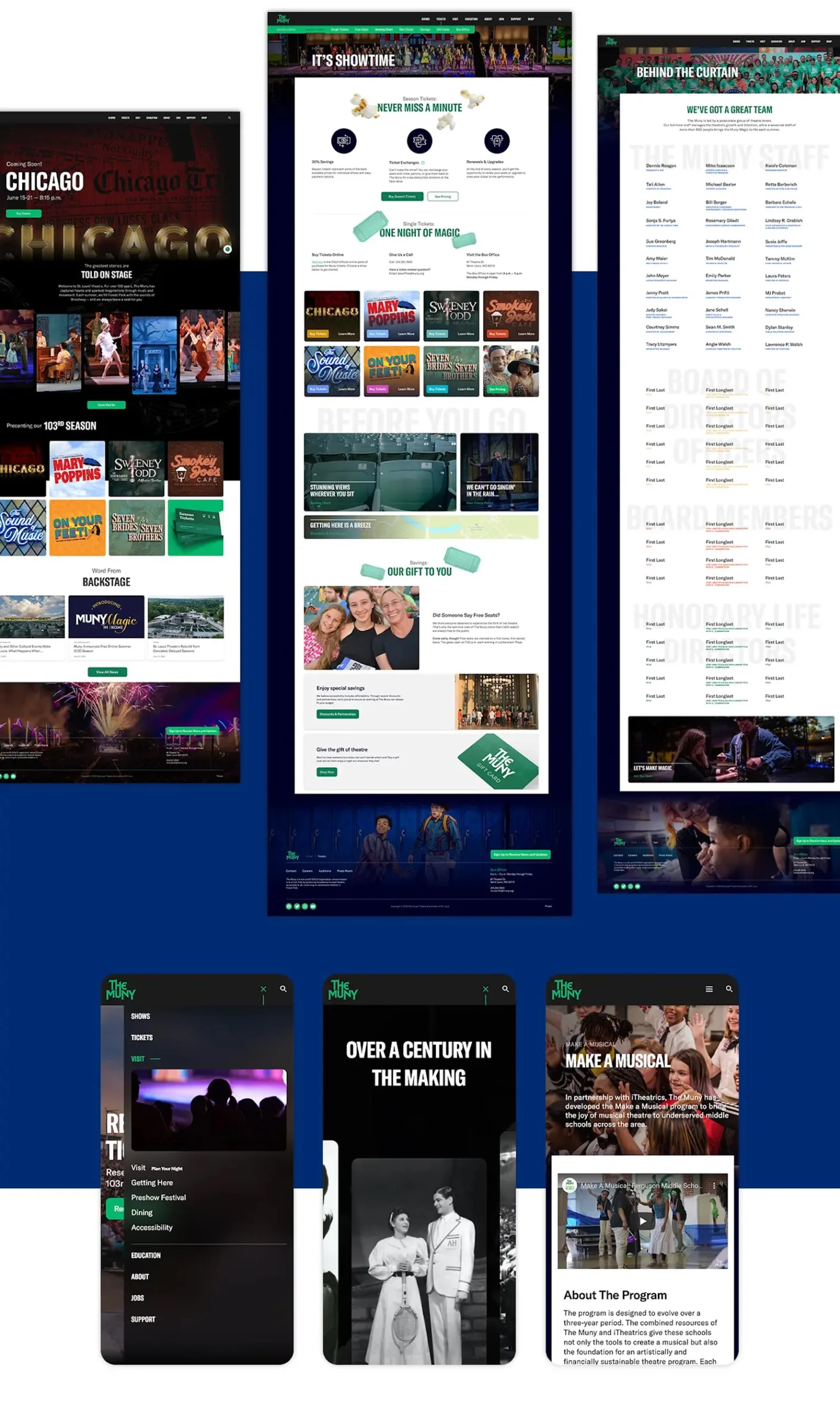 The Muny website displayed across multiple pages and mobile views, showcasing shows, events, and supporter information