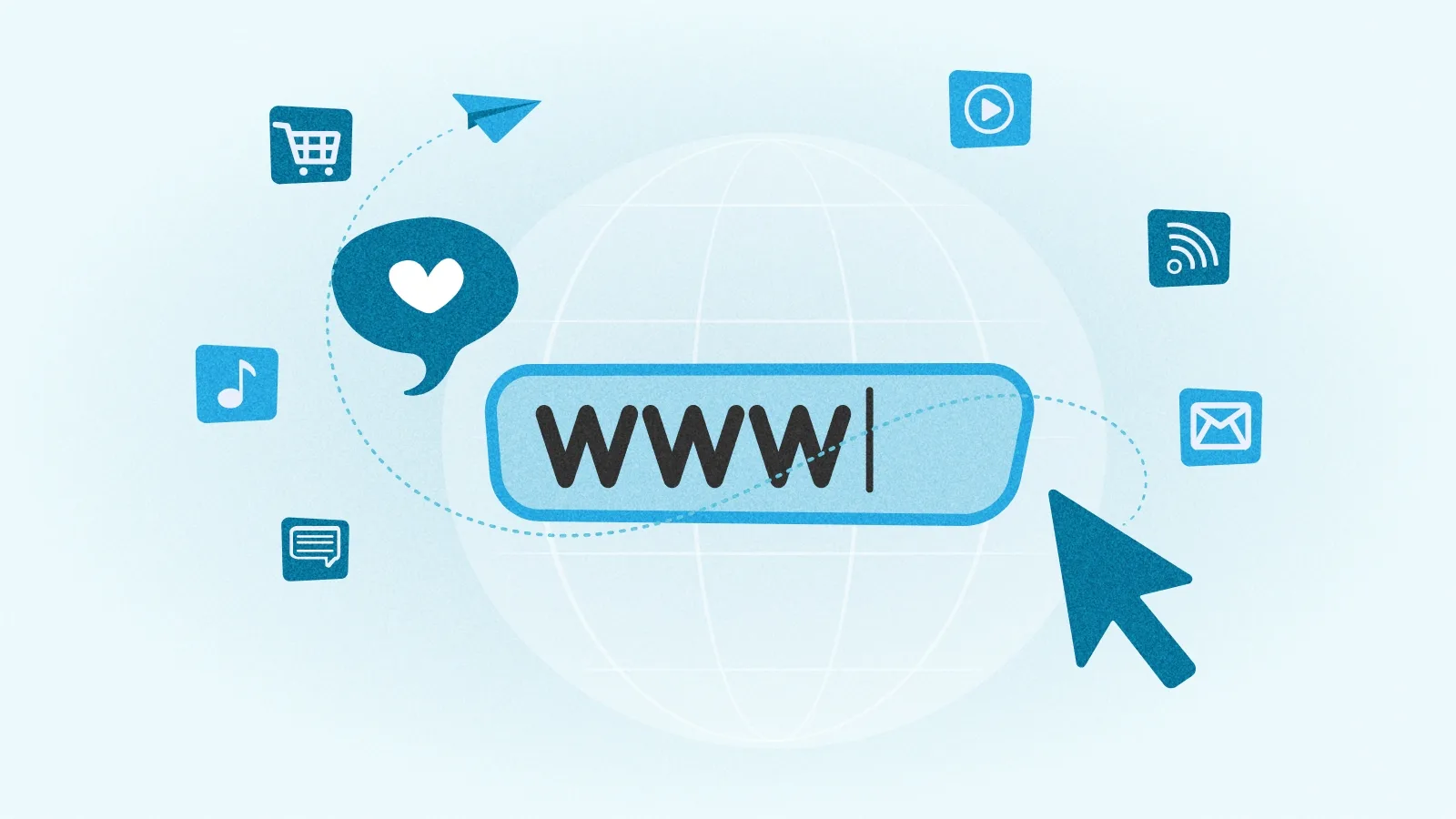 A search bar and cursor, surrounded by icons representative of direct traffic analytics.