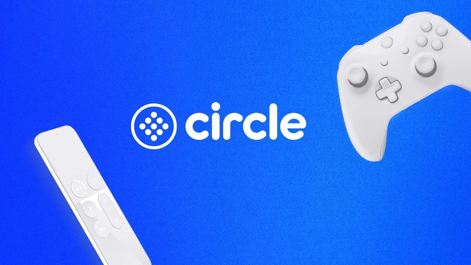 Circle Logo surrounded by remote controllers for digital media.