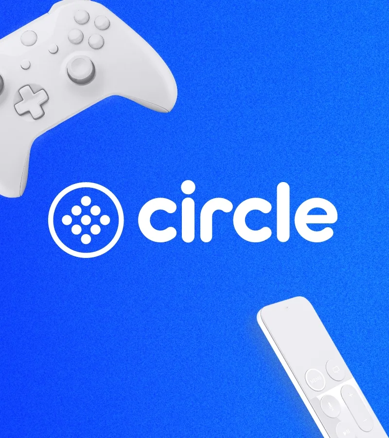 Circle Logo surrounded by remote controllers for digital media.