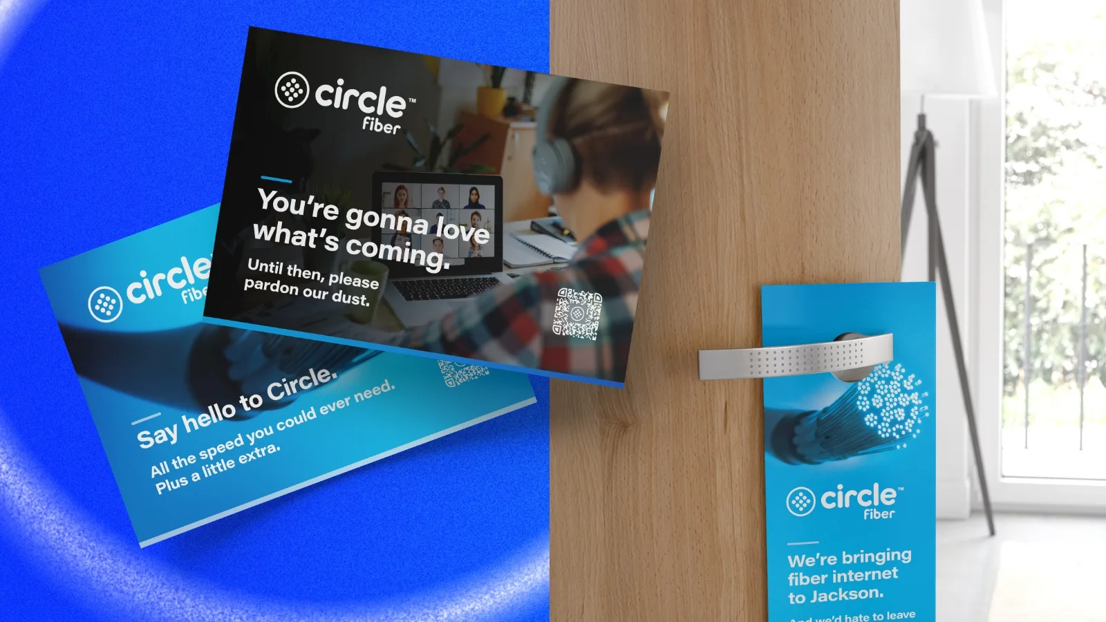 circle marketing pieces atop a blue background.