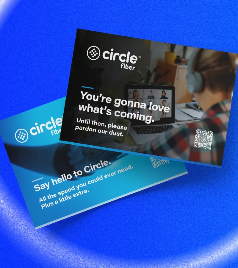 circle marketing pieces atop a blue background.