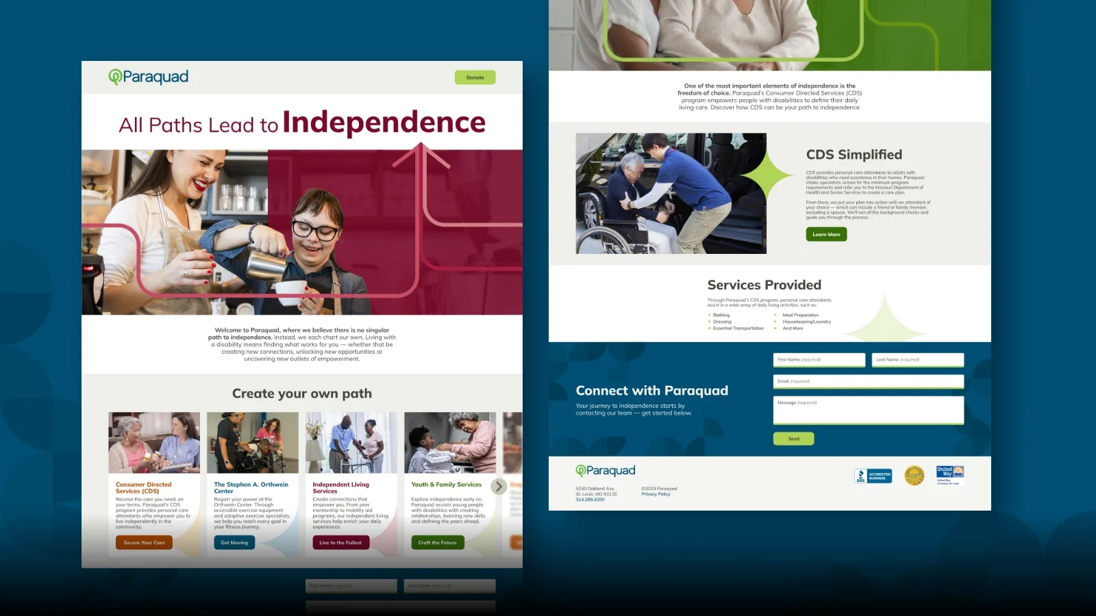 2 screenshots of landing pages from paraquad's marketing strategy