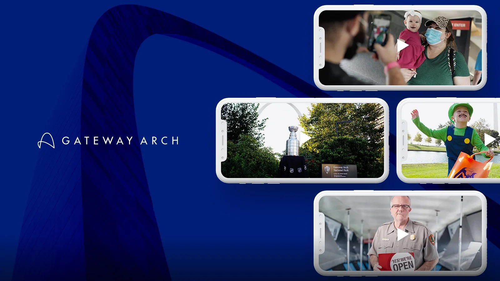 4 video screenshots from various videos made for the gateway arch.