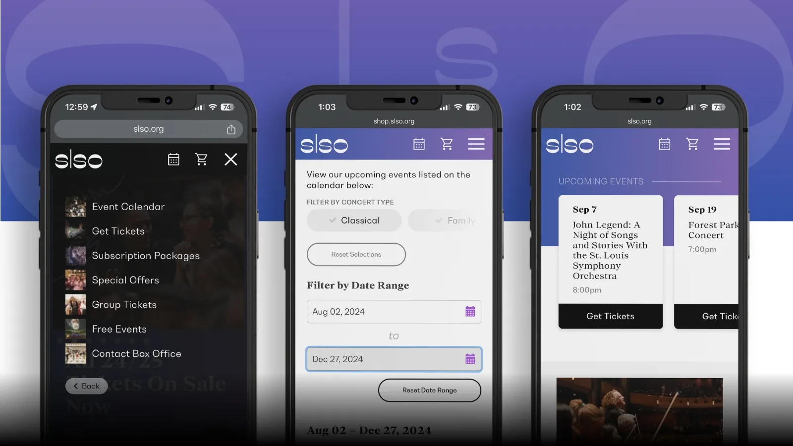 3 mobile screens from the slso website in mobile phones
