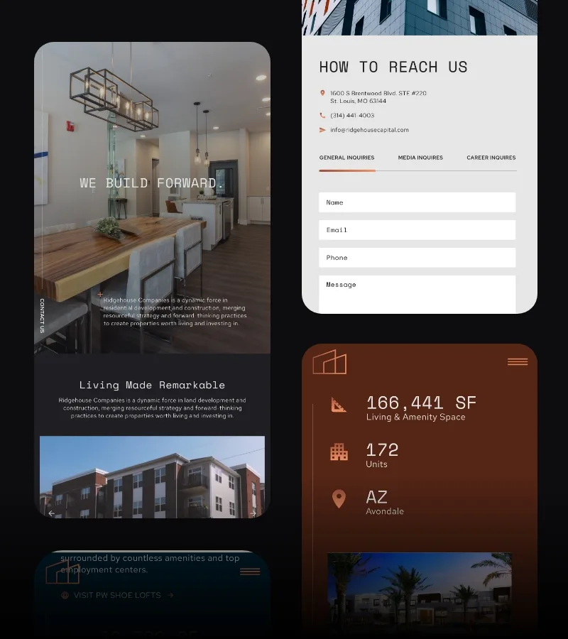 4 mobile screens from the ridgehouse website