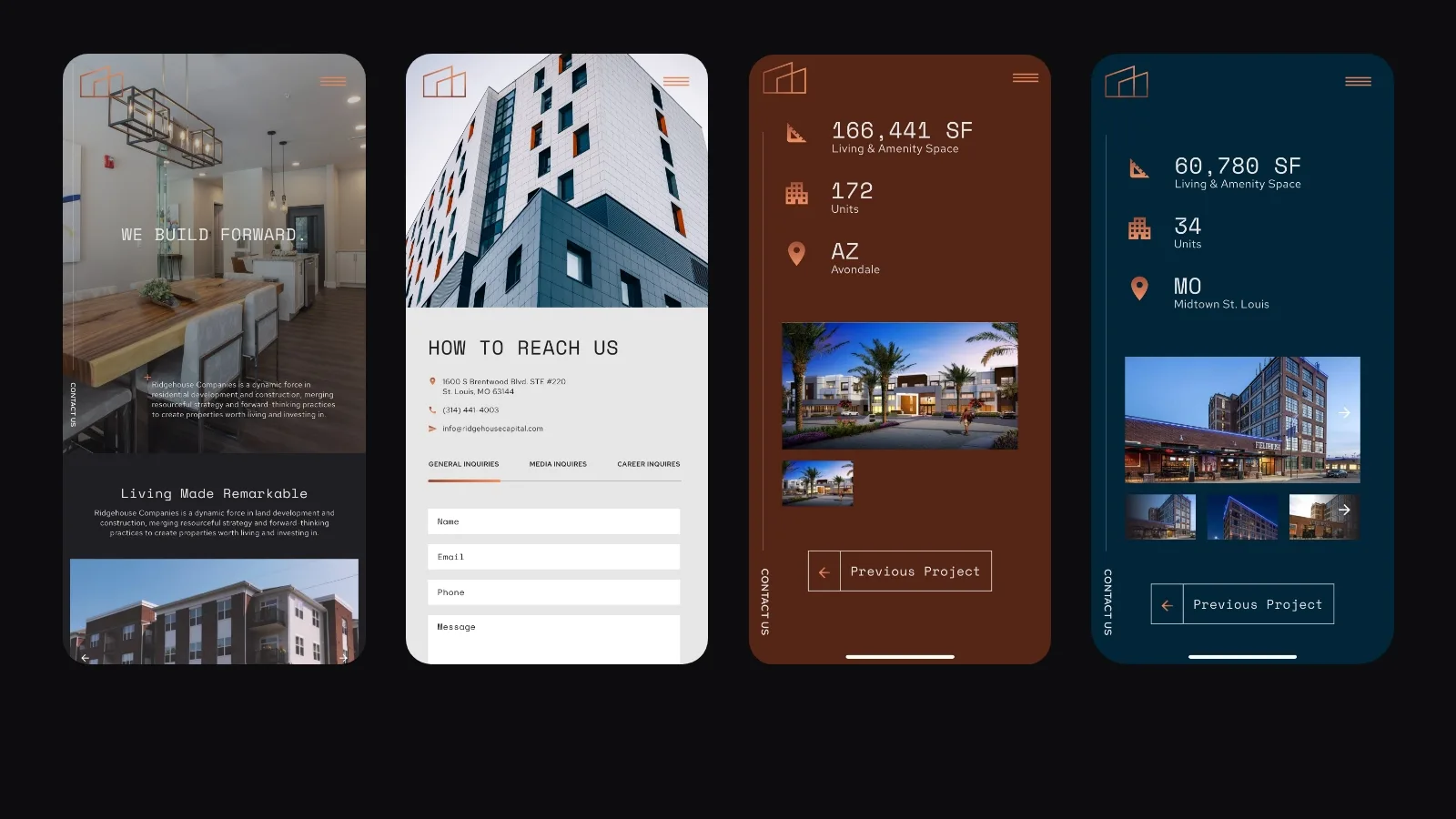 4 mobile screens from the ridgehouse website