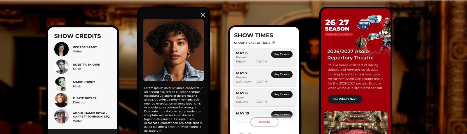 4 mobile screens from the Asolo Website