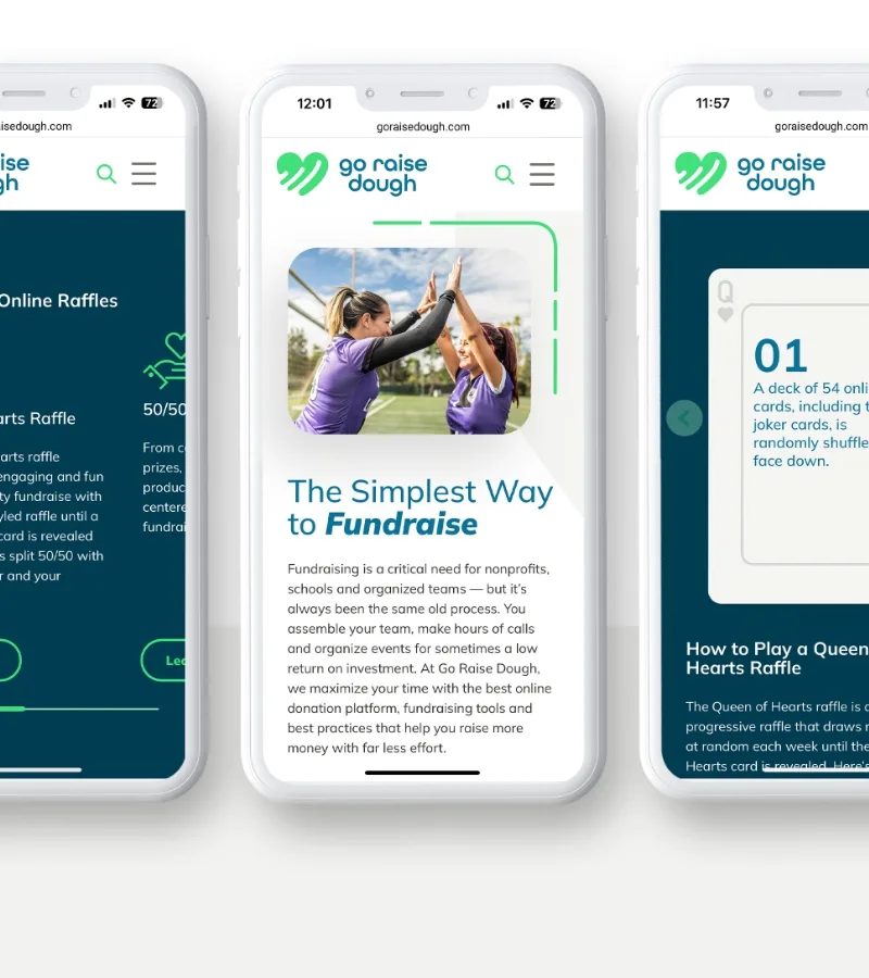 3 mobile screens from the go raise dough website