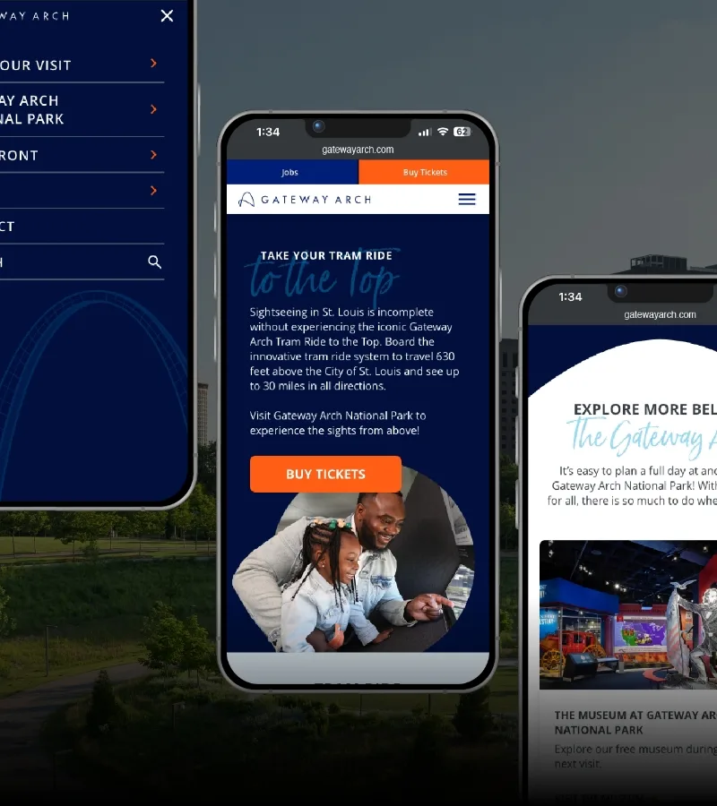 3 mobile screens from the gateway arch website